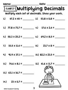 the worksheet for multiplying decimals is shown in black and white