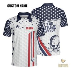 the custom polo shirt for this team is designed with an american flag and skull on it