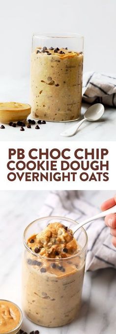 there is a dessert in a glass bowl with spoons next to it and the words pb choc chip overnight overnight oats