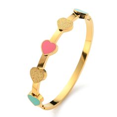 New With Tag Ion Plating(Ip) 304 Stainless Steel Heart Hinged Bangle For Any Occasion Golden Inner Diameter: 2x2-1/4 Inch(5x5.85cm) Valentine's Day Multicolor Heart Bracelet, Hinged Bangle, Womens Jewelry Bracelets, Hinges, 4 Inch, Bangles, Plating, Women Jewelry, Stainless Steel