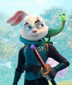 an animated rabbit with a green snake on his back, and another character in the background