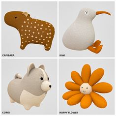 four different types of stuffed animals are shown