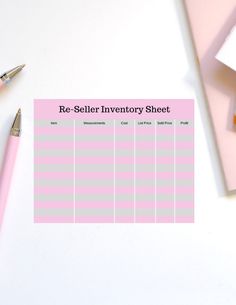 a notepad with the words re - seller inventory sheet on it next to some pens