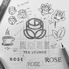 the rose tea lounge logo is drawn on paper with scissors and pencils next to it