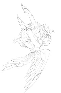 a pencil drawing of a girl with wings flying through the air and holding her arms out