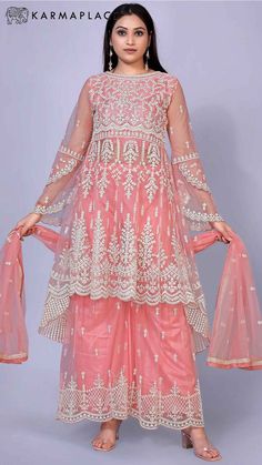 Buy Peach Butterfly Net Suit Set With Embroidery Stitch Work Net Suit Design, Net Suits Design Indian, Peach Butterfly, Net Suit