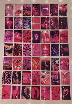 a collage of pink and black images on a white wall with string lights in the background