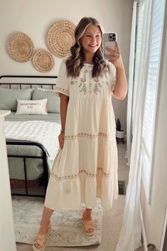 Cute Dresses Long Modest, Warm Easter Outfits, Neutral Color Dresses Casual, Modest Dress Casual, Cute Boho Dresses, Fsy Lds Outfits, Tan Midi Dress Outfit, Date Dresses Casual