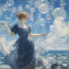 a painting of a woman in a blue dress with bubbles floating over her head and body