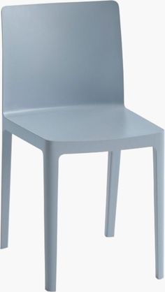 a blue plastic chair sitting on top of a white floor