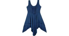 This asymmetrical, handkerchief hem dress, crafted from free-flowing rayon fabric, has a relaxed flowy silhouette and a scooped neckline. This sleeveless out and about dress fits right in with your warm-weather wardrobe, it is perfect going from day to night owing to its neutral indigo shade. The pullover design features a stylish hemline. Its natural indigo shade gives it a leathery look, with beautiful thread-work done on it. The fabric of the dress flows with your body type and is very versat Casual Blue Handkerchief Hem Dress, Blue Bohemian Asymmetrical Dresses, Bohemian Blue Dress With Handkerchief Hem, Summer Lagenlook Dress With Handkerchief Hem, Lagenlook Handkerchief Hem Summer Dress, Indigo Dress, Western Skirts, Blue Sundress, Handkerchief Hem Dress