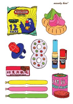 an assortment of food items are shown on a white background, including doughnuts and candy