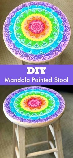 two stools with colorful designs painted on them and the words diy are in front of