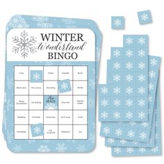 a blue christmas themed game with snowflakes on it and the words winter wonderland bingo