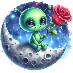 an alien sitting on the moon with a rose