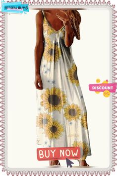 New Women's Large Dress Loose Casual Dresses Long Sleeve Long White Dress, Sleeveless Sundress With Sunflower Print For Spring, Casual Sunflower Print Spring Dress, Spring Beach Dress With Sunflower Print, Casual Sunflower Print Beach Dress, Summer Beach Dress With Sunflower Print, Long Black Dress Wedding, Sunflower Dresses, Everyday Dresses Casual