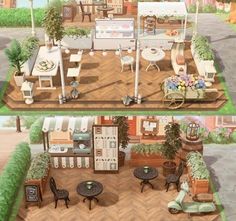 two views of an outdoor patio with tables and chairs in the middle, and on the other side