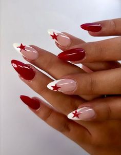 Red Almond Nails With Stars, Almond Nails With Star Design, Star Nails Inspiration, Nail Art Design Almond Shape, Red Nails W Design, Red Almond Design Nails, Almond Nails Gel X Designs, Nail Ideas With French Tip, Red Hoco Nails Almond