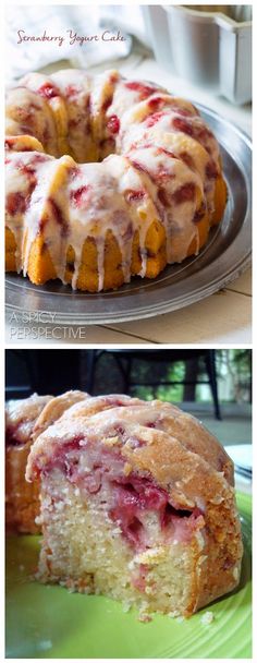 two pictures of a cake with icing and strawberries on it