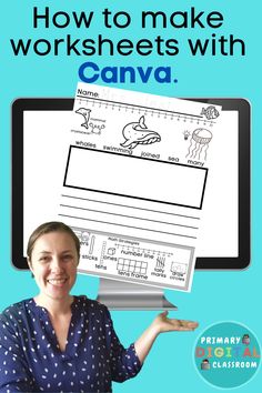 a woman holding up a computer screen with the words how to make worksheets with canva