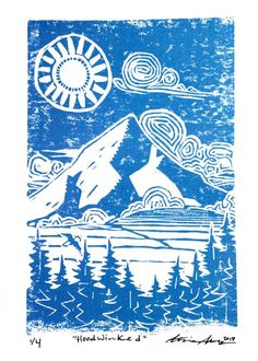 a blue and white linoleum print with mountains, trees, and clouds in the background