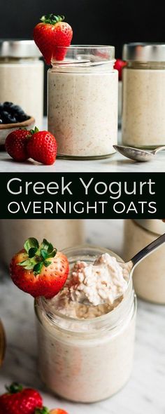 greek yogurt overnight oats with strawberries on the side and in jars