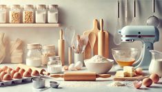 an assortment of kitchen items and utensils on a counter with flour, eggs, butter, sugar, and other ingredients