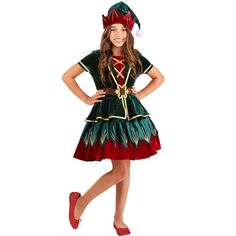 The Fun Costumes Kid's Deluxe Holiday Elf Costume Ready for a real holiday treat? All you've gotta do to celebrate the spirit of the season this year is to get your child into this Girls' Holiday Elf Costume. Exclusively Made By Us, this Holiday Elf ensemble started on the screen of one of our costume artists, and then our team of designers and developers artfully and expertly brought the costume to life. We think it's a dress perfectly suited for the North Pole and with its deluxe style upgrade Elf Eyes, Hr Department, Christmas Elf Outfit, Christmas Elf Costume, Match Velvet, Elf Dress, Elf Cosplay, Wrapping Ribbon, Elf Clothes