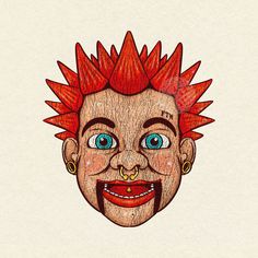 a drawing of a man's face with red hair and piercings on it