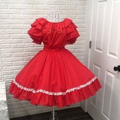 Cutest 3 Piece Vintage Set . Square Dancing Set . Red Polka Dotted With Ruffles & Som Lace . Blouse Is Off The Shoulder . Super Cute & Fun Especially For A Dancing Event ! Great Condition Petticoat 11”-20” Waist Skirt 15” Waist With Stretch Blouse 20” Armpit To Armpit . Size Tag Attached On These Clothes May Be Incorrect !! Square Dance Dresses, Square Dancing, Red Polka Dot, Lace Blouse, Dance Dresses, Xl Dress, Petticoat, Size Tag, Waist Skirt