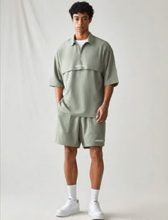 _ For more details, visit the website through the link above.⬆️⬆️  _ A casual matching set featuring a loose-fitting sage green top with short sleeves. Paired with matching shorts Shirt Co Ord Set, Athleisure Outfits Men Casual, Athleisure Men Outfit, Sage Green Outfit Men, Polo And Shorts Outfit Men, Mens Athleisure Outfits, Athleisure Outfits Men, Casual Matching Set, Sage Green Top