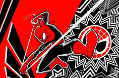 a spider man is standing in front of a black and red background with geometric shapes