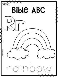 the letter r is for rainbow coloring page with an image of a rainbow and clouds