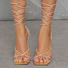 Never Worn, Brand New. Beige Strappy Heels For Night Out, Fitted Beige Heels For The Beach, Lace Up Sandal Heels, Sandal Heels, Lace Up Sandals, Shoes Women Heels, Sandals Heels, Gold Color, Shoes Heels