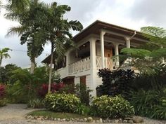 a white house surrounded by tropical plants and trees