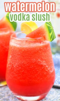 watermelon vodka slush in a glass garnished with lime