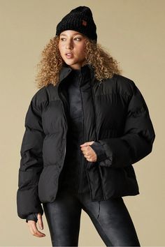 Essential Puffer - Fabletics Black Athleisure Puffer Jacket For Cold Weather, Athleisure Puffer Jacket For Sports In Fall, Athleisure Black Puffer Jacket For Fall, Fall Athleisure Puffer Jacket For Sports, Fall Sports Athleisure Puffer Jacket, Functional Fall Workout Outerwear, Black Winter Athleisure Puffer Jacket, Black Athleisure Puffer Jacket For Winter, Fall Athleisure Puffer Jacket