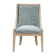 a wooden chair with a blue upholstered seat and back rest on a white background