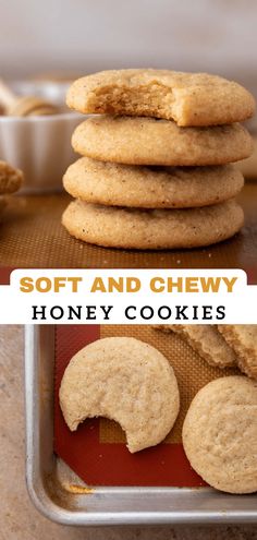 soft and chewy honey cookies stacked on top of each other in a baking pan