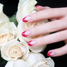 Instead of painting a red French tip, scallop the inside edge for an abstract floral design. Nail Art Stripes, Heart Nail Designs, Nail Polish Colors Fall, Tapered Square Nails, Manicure Tips, Pink Nail Art, Striped Nails