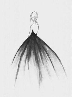 a black and white drawing of a woman in a ball gown with her back to the camera