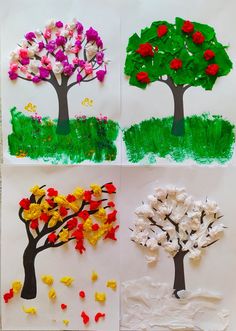 four different trees made out of tissue paper and colored leaves on the bottom one is white with red, yellow, and green