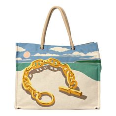 This is an authentic HERMES H Canvas Printed Escale A La Plage Beach Bag in Or. The tote is crafted of cotton canvas with a multicolor beach graphic. It features beige woven handles with hornbeam wood accents. The top is open to a beige canvas interior with patch pockets. Reversible Tote, Hermes Bags, Wood Accents, Beach Bag, Patch Pocket, Cotton Canvas, Handles, Canvas Prints, Handbags