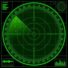 a green radar screen with an arrow pointing in the center and other symbols around it