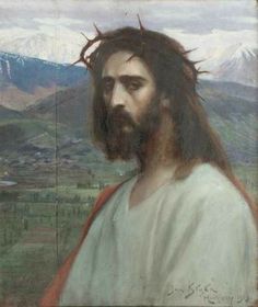 a painting of jesus with mountains in the background