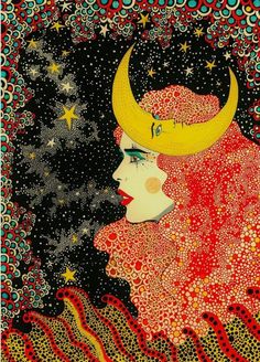 a painting with a woman's face surrounded by stars and moon shapes, on a black background