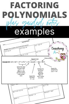 factoring polynomias and examples worksheet with the text below it