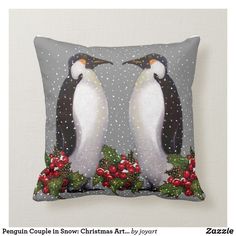 two penguins in snow - christmas art on a grey background with holly berries and red berries