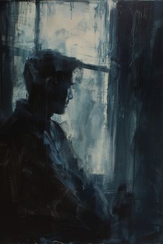 a painting of a man sitting in front of a window looking out at the rain