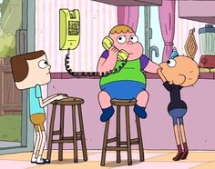 a cartoon character talking on the phone while two other people sit at a bar in front of him